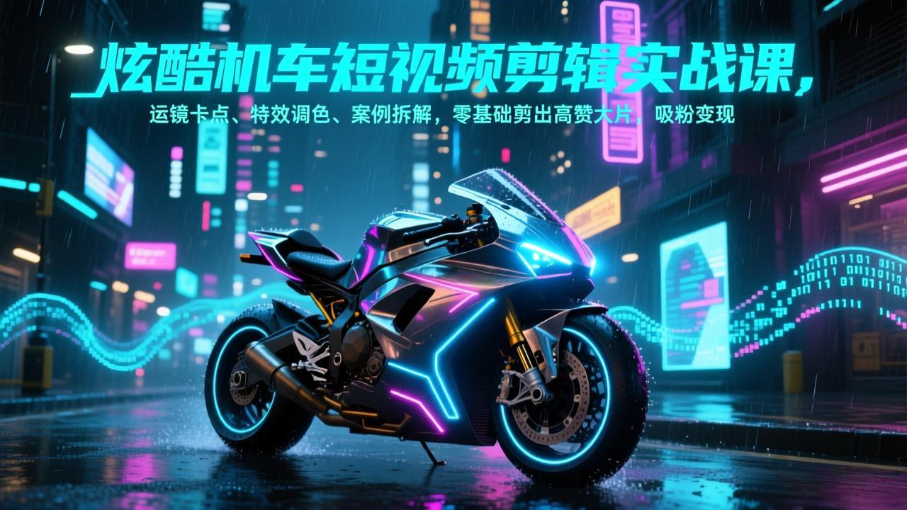 炫酷机车短视频剪辑实战课：运镜卡点、特效调色、案例拆解，零基础掌握高赞大片剪辑变现攻略