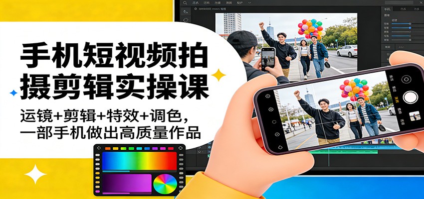 手机短视频拍摄剪辑实战课：运镜+剪辑+特效+调色，一部手机高效创作高质量作品变现思路