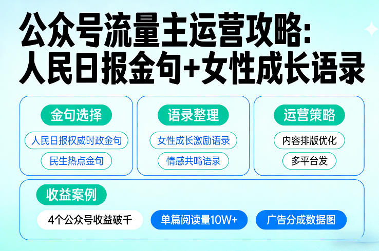公众号流量主变现攻略：人民日报金句+女性成长语录实战案例，4个号收益提升方法