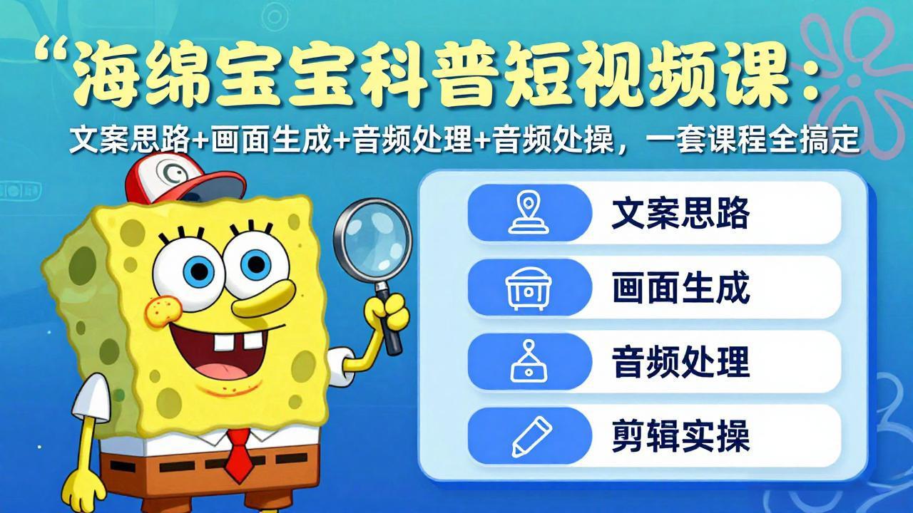 海绵宝宝科普短视频课：文案思路+画面生成+音频处理+剪辑实操的完整变现攻略