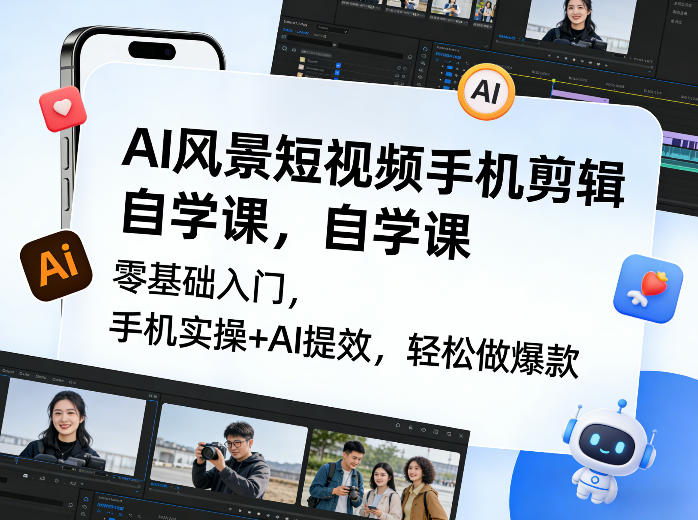 AI风景短视频手机剪辑自学课：零基础入门，手机实操+AI提效，爆款变现实战指南