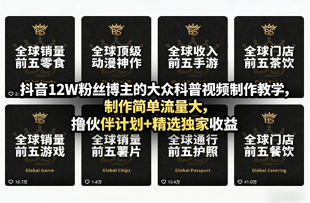 抖音12W粉丝博主的大众科普视频制作教学：制作简单流量大，变现伙伴计划与独家收益策略