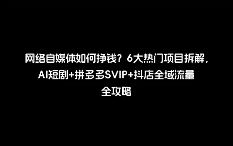 网络自媒体如何挣钱？6大热门项目拆解，AI短剧+拼多多SVIP+抖店全域流量全攻略