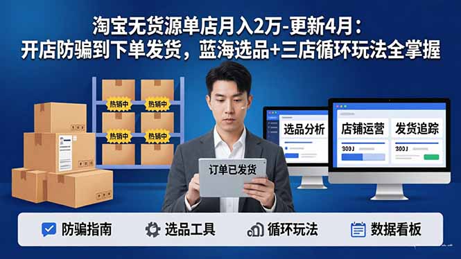 淘宝无货源单店盈利实操攻略-更新4月：开店防骗到下单发货，蓝海选品+三店循环玩法全掌握