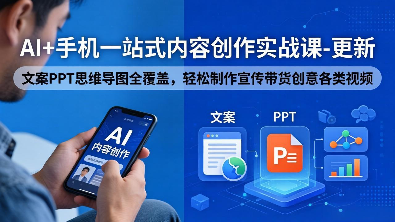 AI+手机一站式内容创作实战课更新：文案PPT思维导图全覆盖，实操制作宣传带货创意视频变现攻略