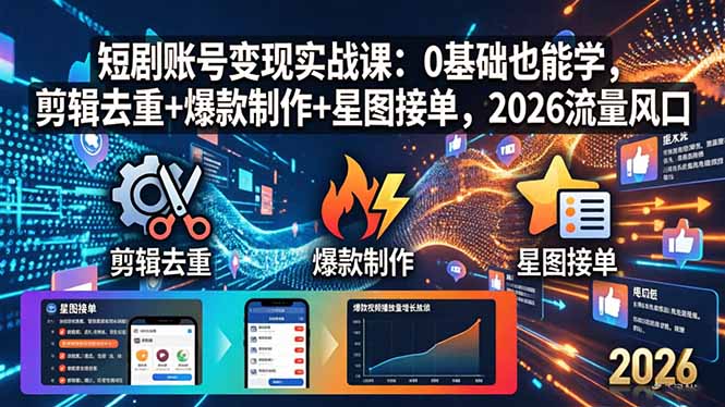 短剧账号变现实战指南：新手也能上手，剪辑去重+爆款制作+星图接单技巧，2026流量机遇实测