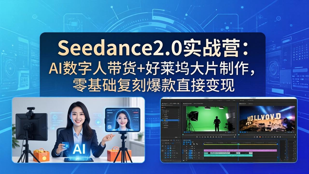 Seedance2.0实战营：AI数字人带货+好莱坞大片制作实操，零基础复刻爆款变现攻略