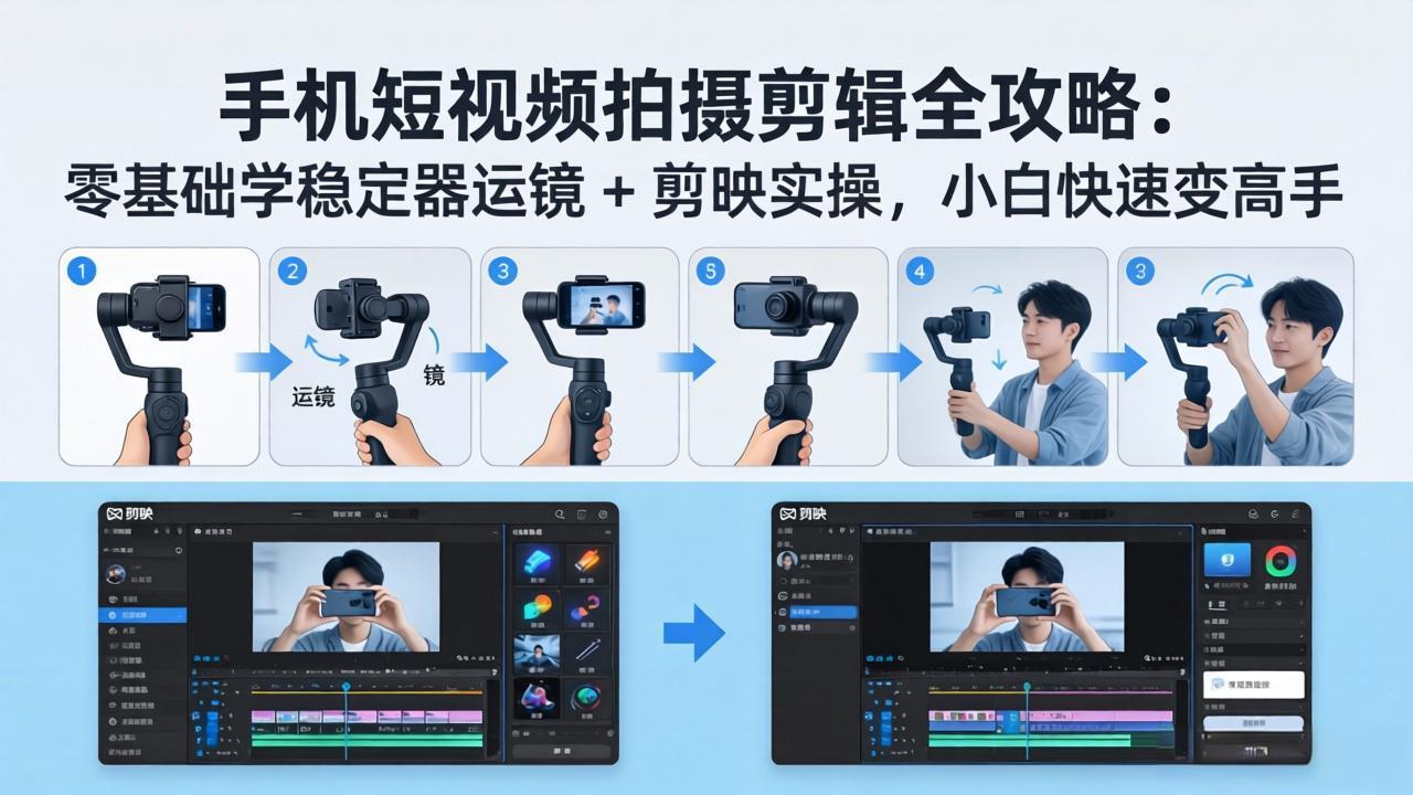 手机短视频拍摄剪辑实操指南：零基础掌握稳定器运镜与剪映技巧，小白快速提升变现能力