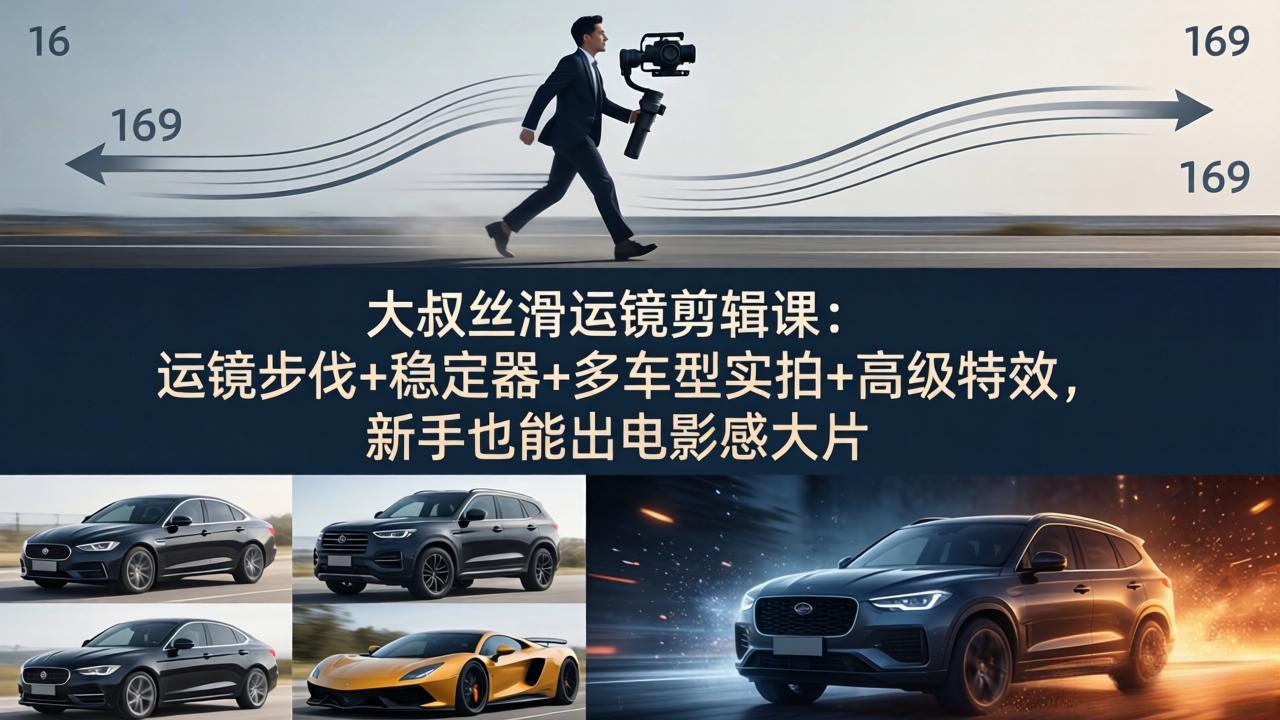 运镜剪辑变现实战：运镜步伐+稳定器+多车型实拍+高级特效，新手也能创作电影感大片