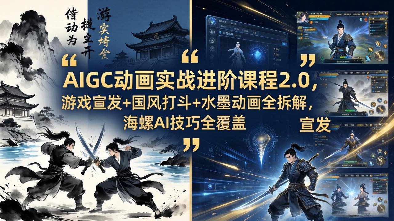 AIGC动画实战进阶课程2.0实测：游戏宣发+国风打斗+水墨动画全拆解与海螺AI技巧应用指南