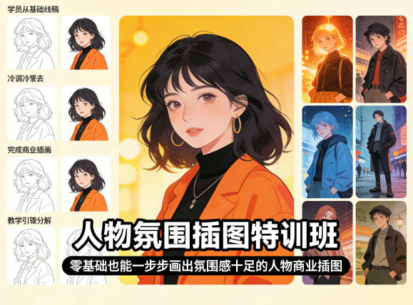 人物氛围插图课程：零基础实操指南，一步步绘制商业插画实现变现