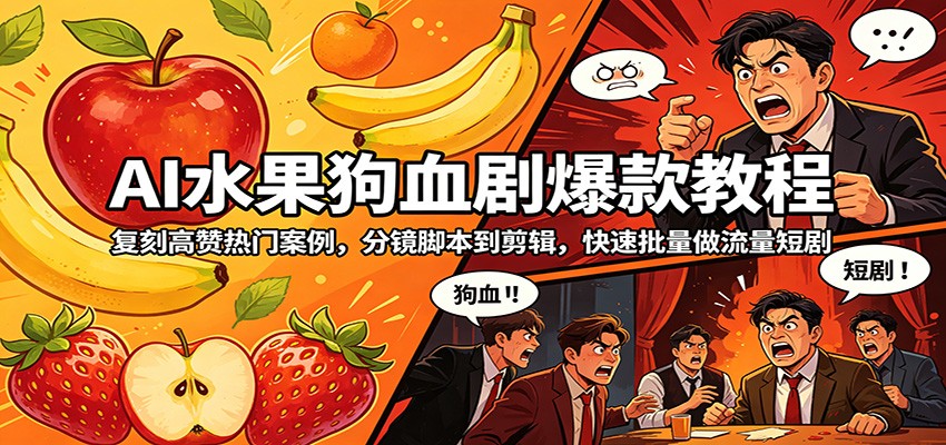 AI水果剧情实操教程：复刻高赞热门案例，分镜脚本到剪辑，高效批量制作流量短剧