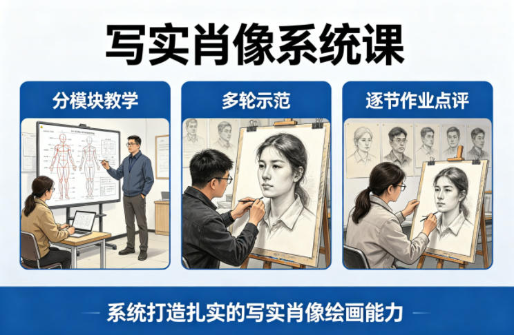 写实肖像变现系统课：分模块教学+多轮示范+作业点评，掌握绘画赚钱技能