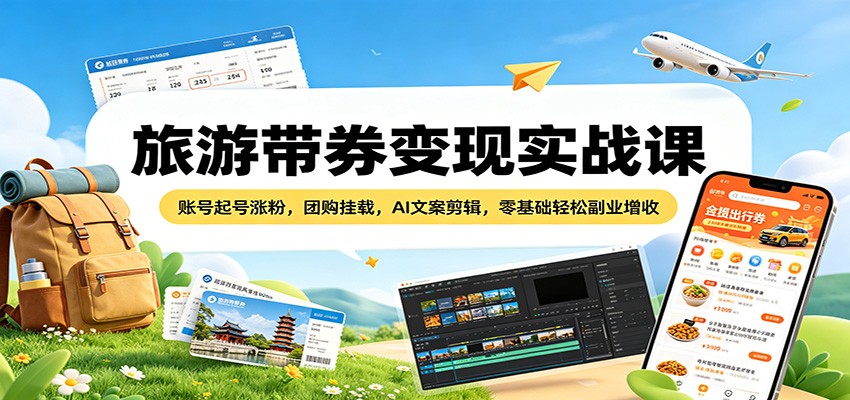 旅游带券变现实战课：账号起号涨粉、团购功能、AI文案剪辑，零基础副业增收攻略