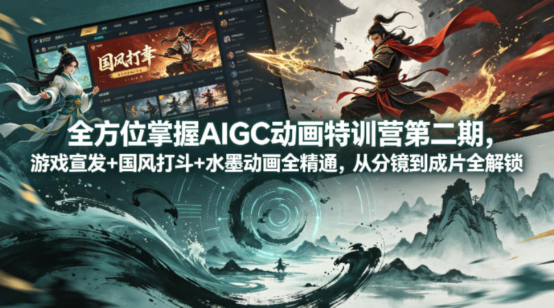 AIGC动画特训营第二期实操指南：游戏宣发+国风打斗+水墨动画精通攻略，从分镜到成片全流程变现策略