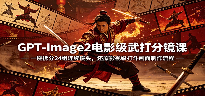 GPT-Image2电影级武打分镜实战教程：高效拆分24组连续镜头，掌握影视打斗画面制作与变现思路