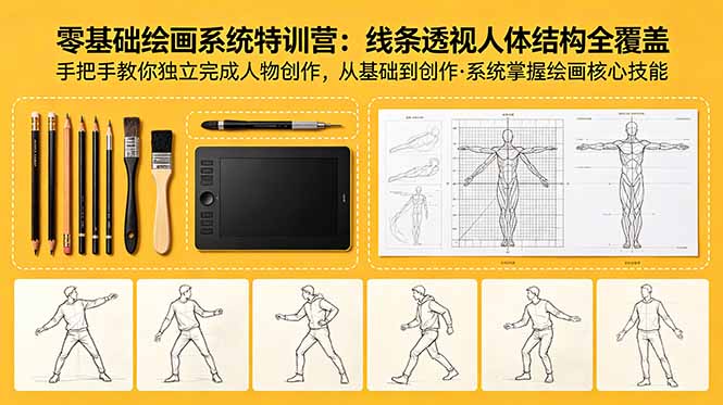 零基础绘画系统特训营：线条透视人体结构全覆盖，手把手教你独立创作人物