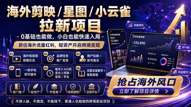 海外剪映星图小云雀拉新项目：普通人跨境流量变现副业赚钱指南