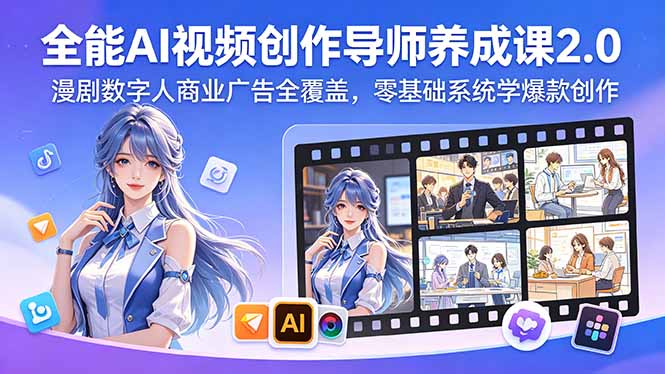 全能AI视频创作导师养成课2.0，漫剧数字人商业广告全覆盖，零基础系统学创作变现方法