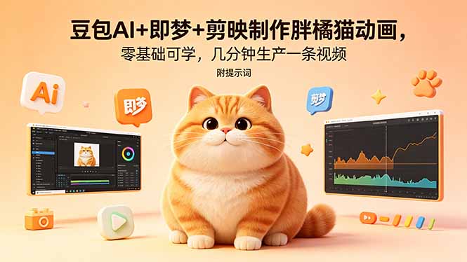 豆包AI+即梦+剪映实战：零基础制作胖橘猫动画视频项目，几分钟产出附提示词与变现思路