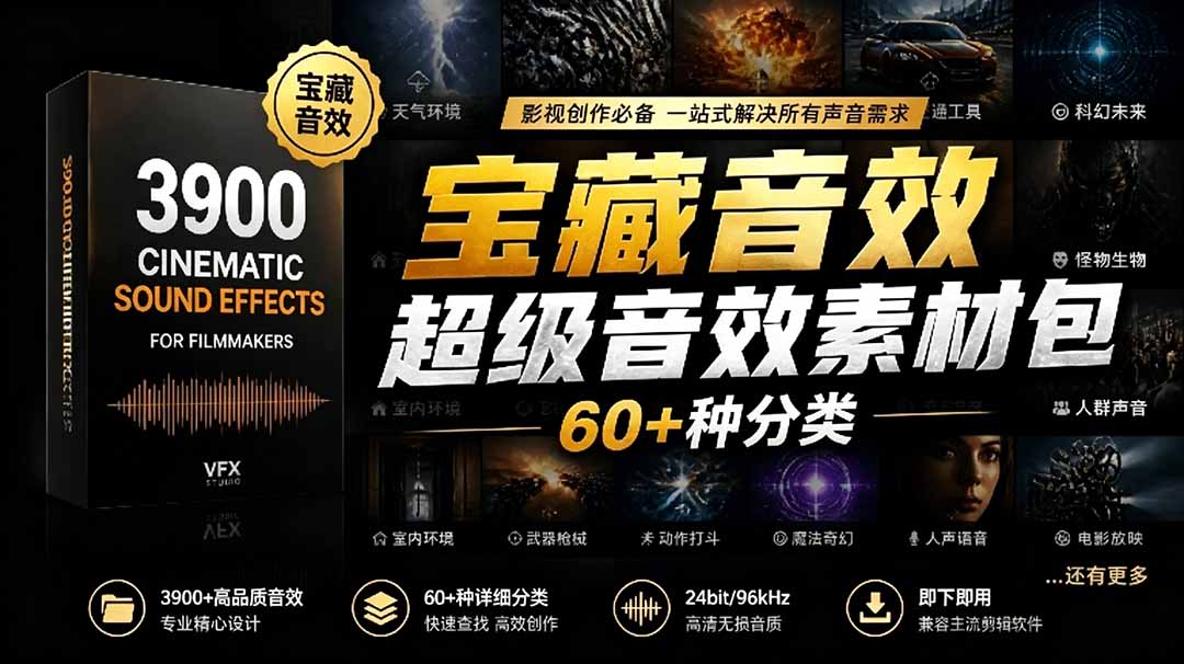 宝藏音效合集包！60+分类3900步骤个全中文高品质剪辑音效素材