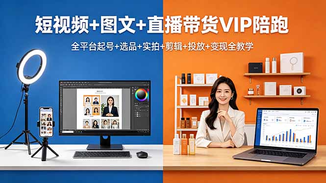 短视频+图文+直播带货实战教程：全平台起号+选品+实拍+剪辑+投放+变现全攻略