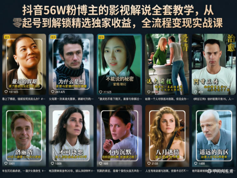 抖音56W粉博主的影视解说全套教学：从零起号到变现策略全流程实战课