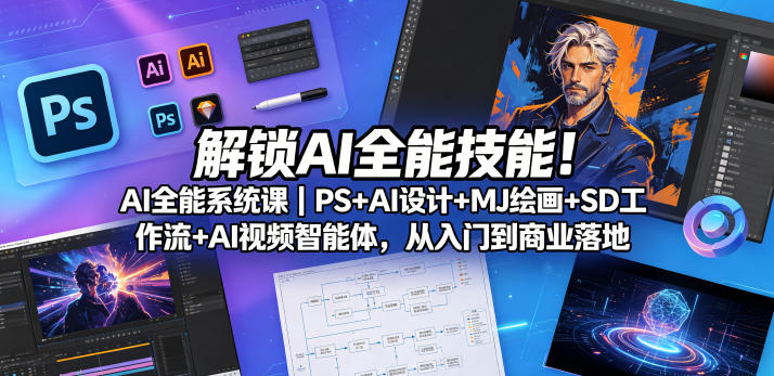掌握AI全能技能！AI全能系统课｜PS+AI设计+MJ绘画+SD工作流+AI视频智能体，从入门到商业落地