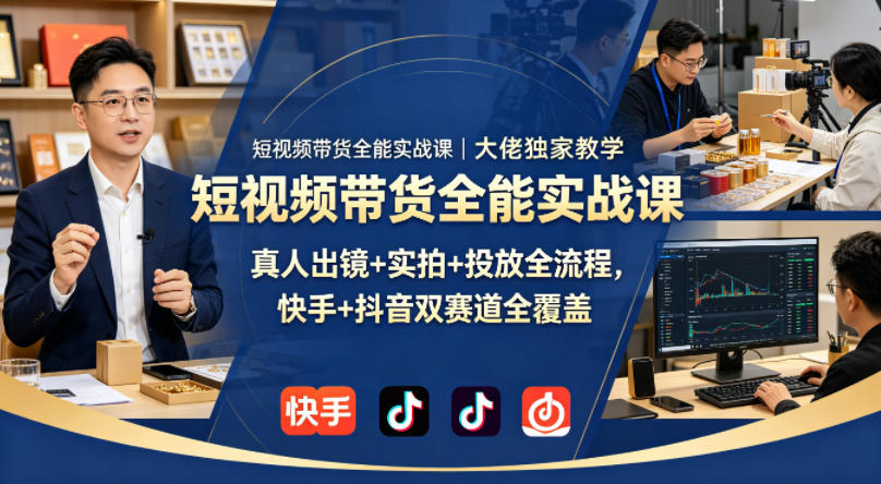短视频带货实战课程｜专家教学案例，真人出镜+实拍+投放全流程，快手抖音双平台攻略