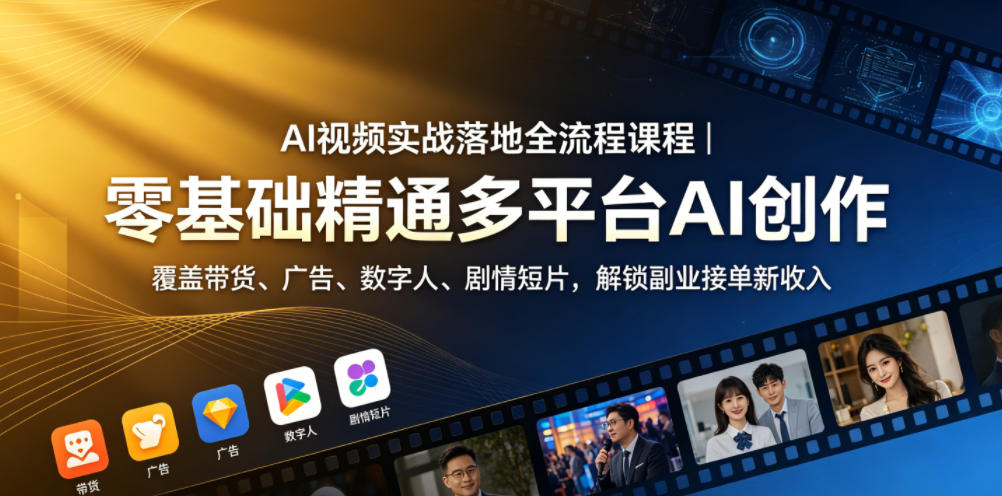 AI视频实战课：零基础学多平台创作，带货广告数字人副业变现