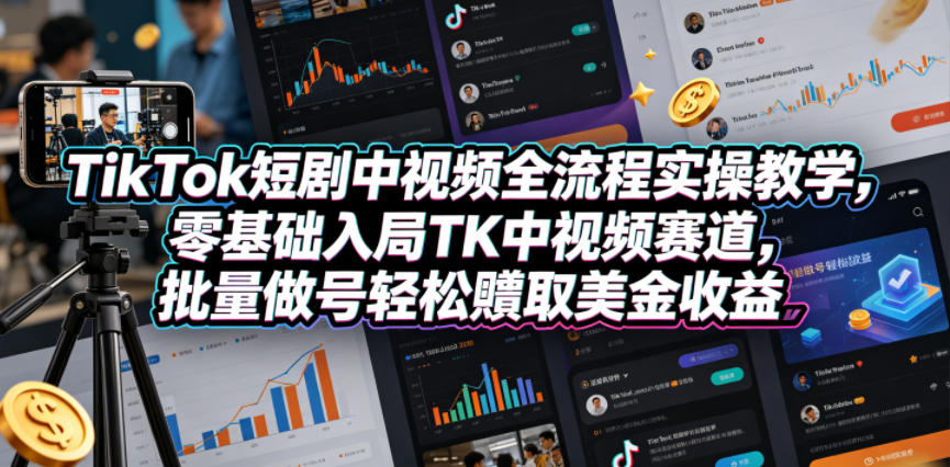TikTok短剧中视频全流程实操教程：零基础入局TK中视频赛道，批量做号实现美金变现