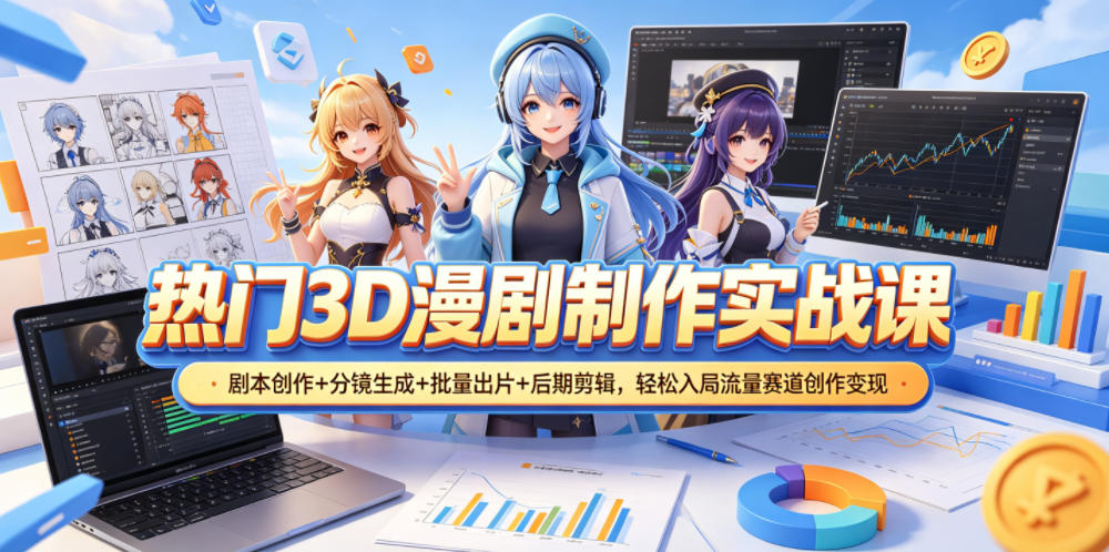 热门3D漫剧制作实战课，剧本创作+分镜生成+批量出片+后期剪辑，入局流量赛道创作变现