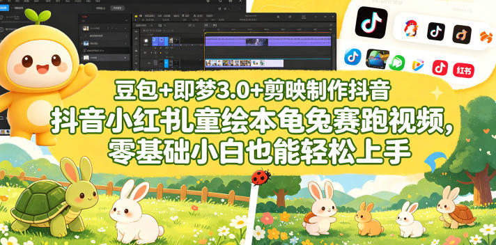 豆包+即梦3.0+剪映实操教程：抖音小红书儿童绘本龟兔赛跑视频变现方法，零基础也能上手