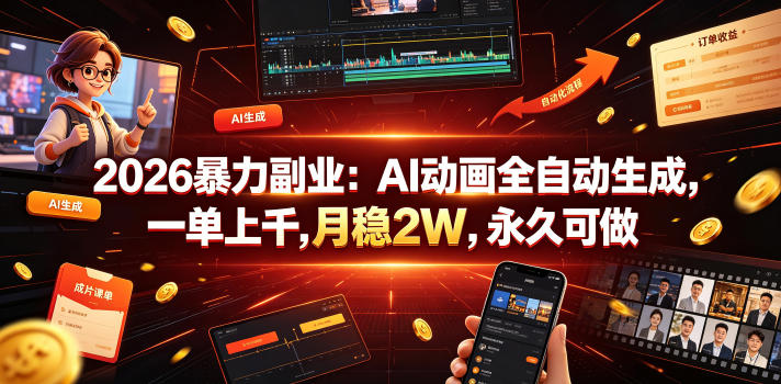2026风口副业：AI动画自动化生成，一单上千，月稳2W，永久可做