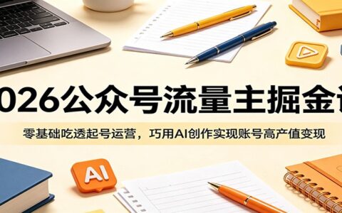 2026公众号流量主掘金课：零基础AI起号运营，巧用工具实现高产值变现