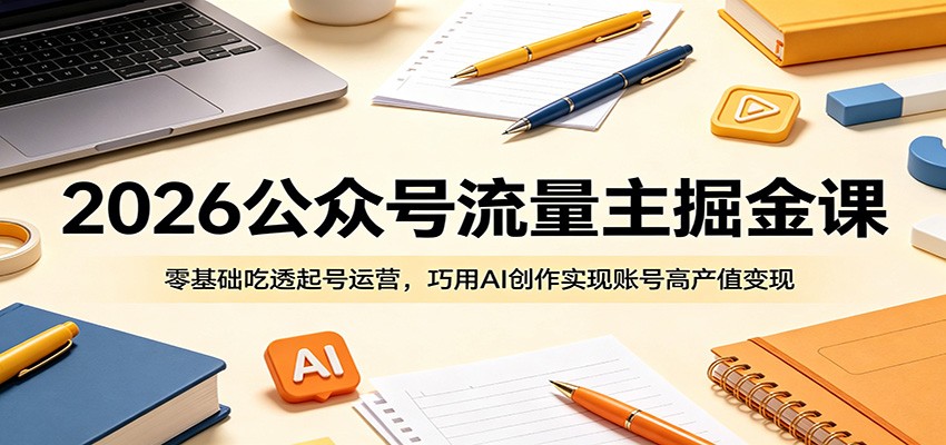 2026公众号流量主掘金课：零基础AI起号运营，巧用工具实现高产值变现