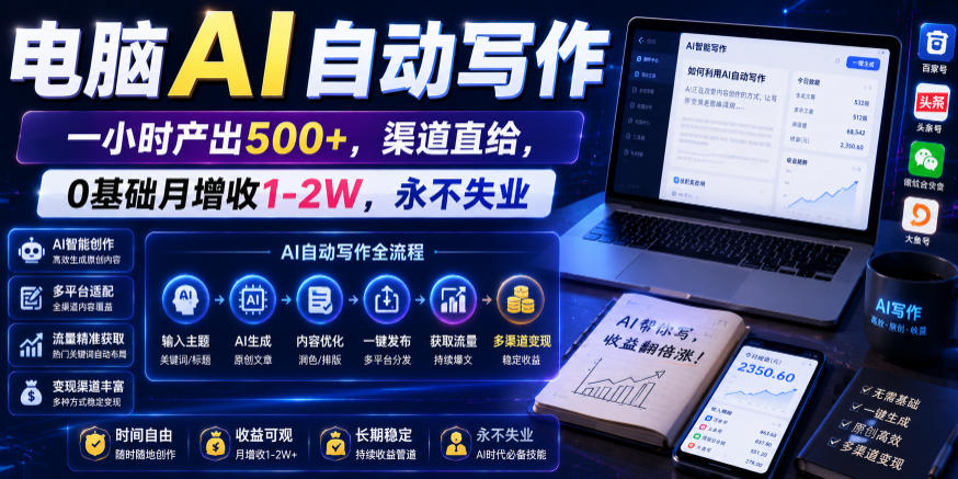 电脑AI自动写作变现500方法，0基础变现1-2W，工具免费送