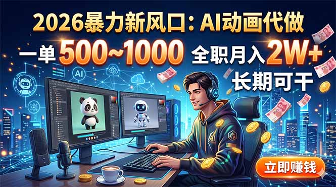 2026AI动画代做副业，一单500步骤-100步骤0元，全职变现2W+