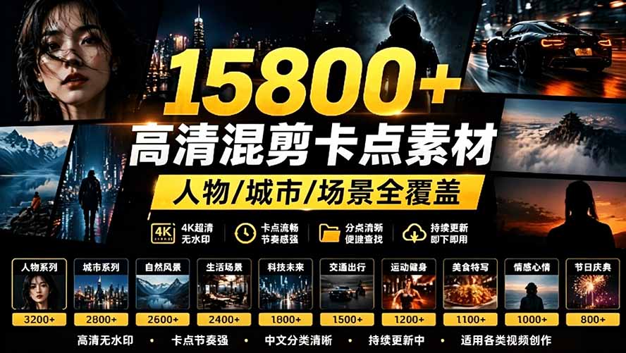15800方法高清影视剪辑素材合集｜卡点混剪/人物城市场景全覆盖，剪映PR即拖即用