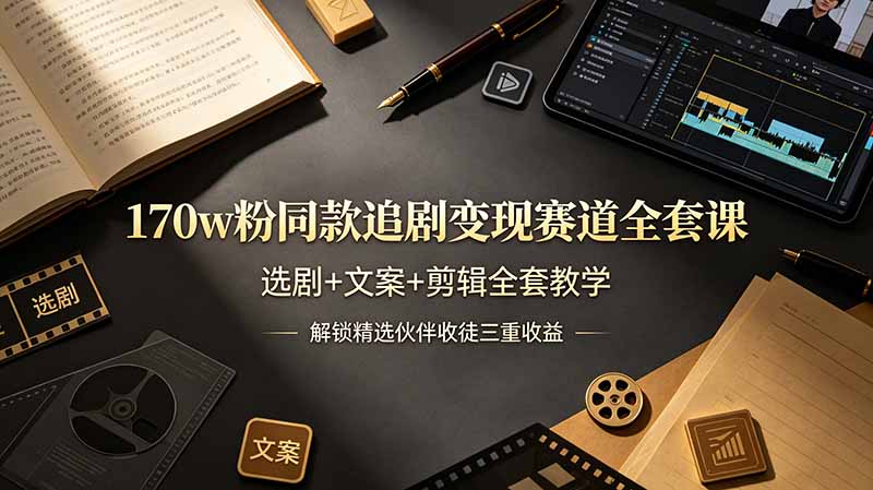 170w粉博主同款追剧变现课，选剧文案剪辑+三重收益教程