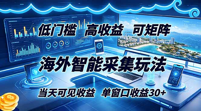 海外智能采集教程，低门槛高单价可矩阵当天收益单窗口30+