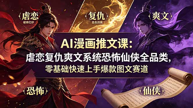 AI漫画推文课：零基础玩转虐恋爽文仙侠，爆款图文变现全流程
