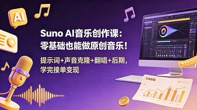 Suno AI音乐创作课：零基础学声音克隆翻唱，接单变现