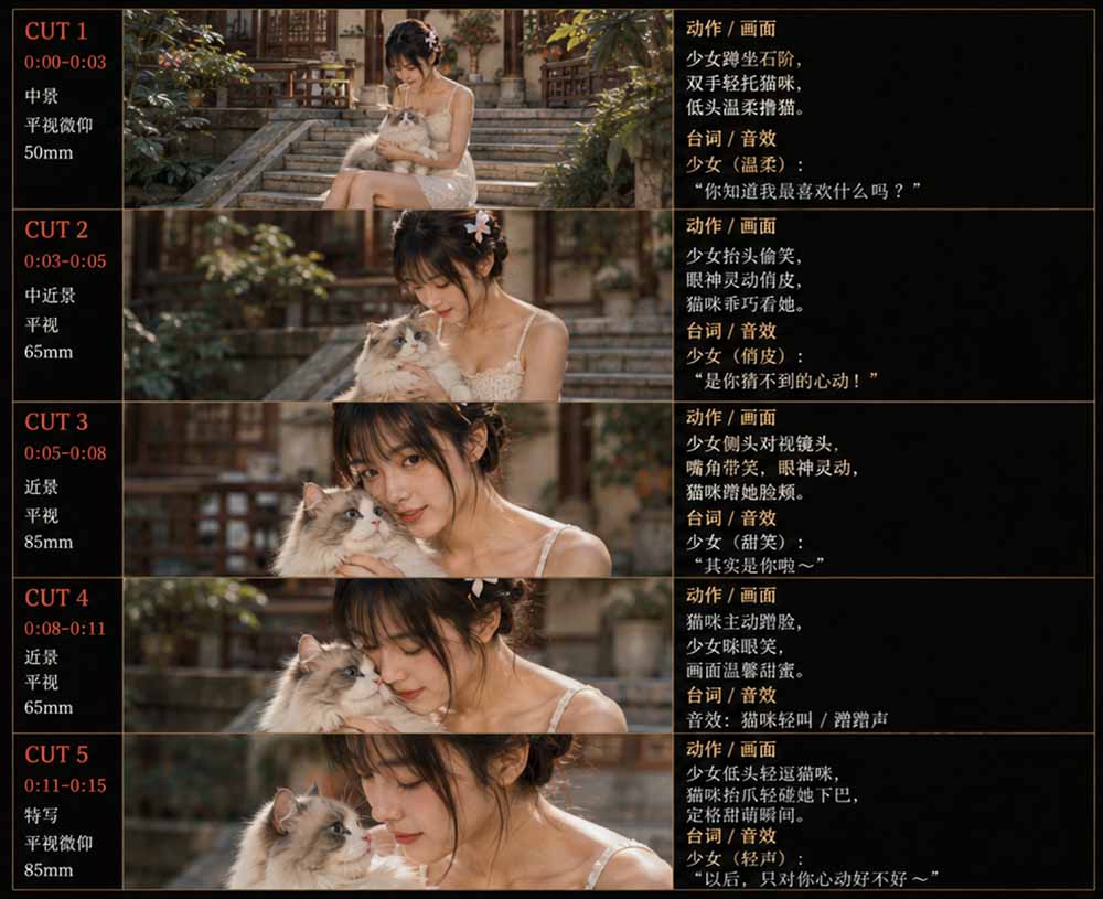 美女和猫故事提示词教程:人物一致性+故事板创作技巧 美女和猫故事提示词教程:人物一致性+故事板创作技巧