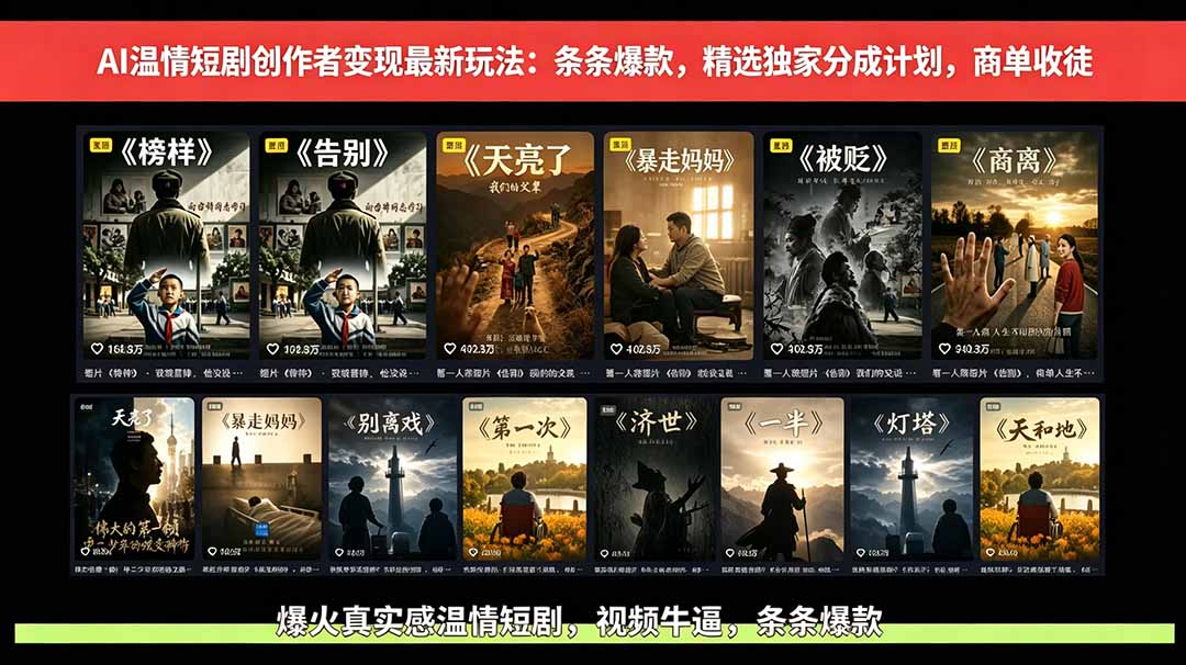 AI温情短剧变现新玩法：条条爆款，精选分成计划+商单收徒