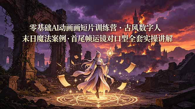 零基础AI动画短片实战训练营，古风数字人末日魔法运镜对口型全流程