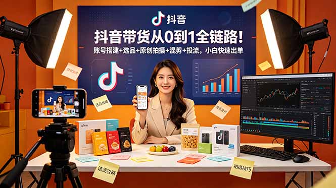 抖音带货全链路教程：账号搭建+选品+原创拍摄+投流技巧