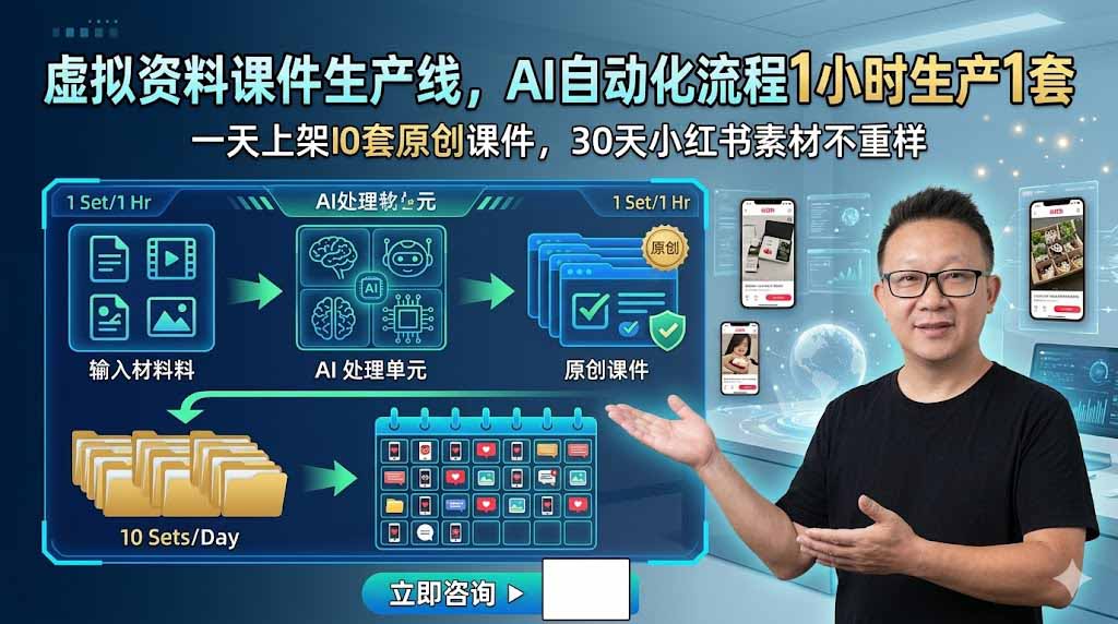 虚拟资料课件AI自动化生产线，1小时1套原创课件批量上架
