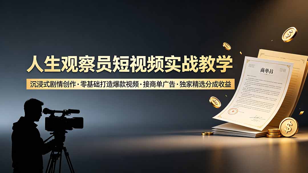 人生观察员短视频实战教学，零基础打造爆款剧情号接商单
