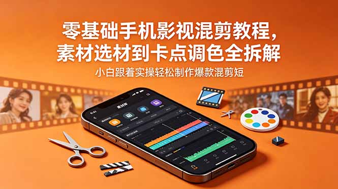 零基础手机影视混剪教程：素材选材卡点调色全拆解，小白实操爆款短片
